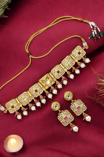 Gold plated meenakari choker necklace set