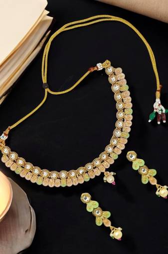 Gold-plated kundan meenakari necklace set