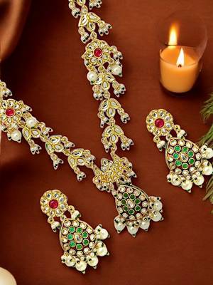 Gold-plated kundan jadau long necklace set 1