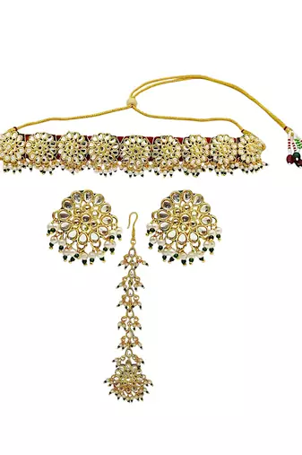 Gold plated rajasthani velvet choker necklace set