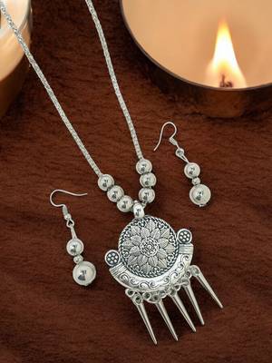 Silver plated oxidised jewellery set long necklace set 1
