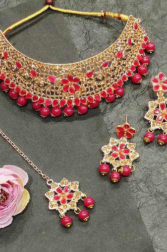 Gold plated stone studded & beaded choker necklace setpink jewellery set for women