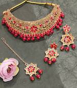 Gold plated stone studded & beaded choker necklace setpink jewellery set for women
