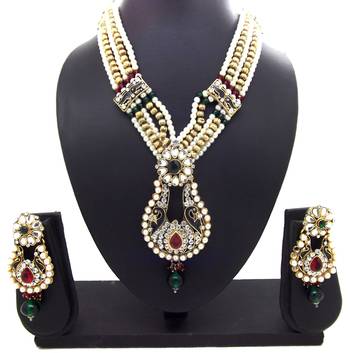 Gold plated kundan studded necklace set  red green jewellery set 1