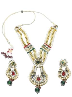 Gold plated kundan studded necklace set  red green jewellery set 2