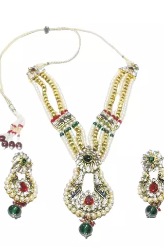 Gold plated kundan studded necklace set  red green jewellery set