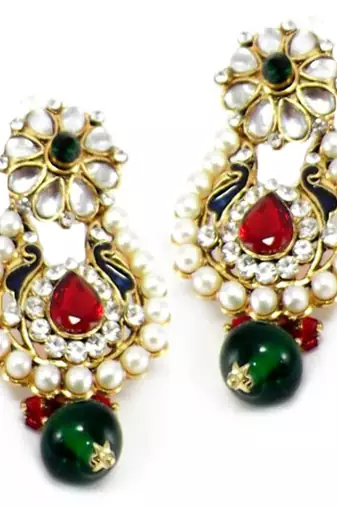Gold plated kundan studded necklace set  red green jewellery set
