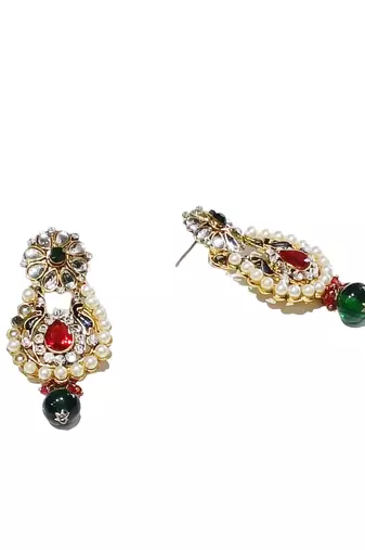 Gold plated kundan studded necklace set  red green jewellery set