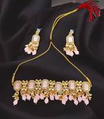 Gold-plated kundan-studded & beaded jewellery setpink choker necklace set