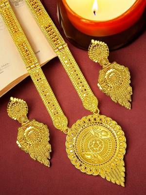 Gold plated round shape long haaram necklace set 1