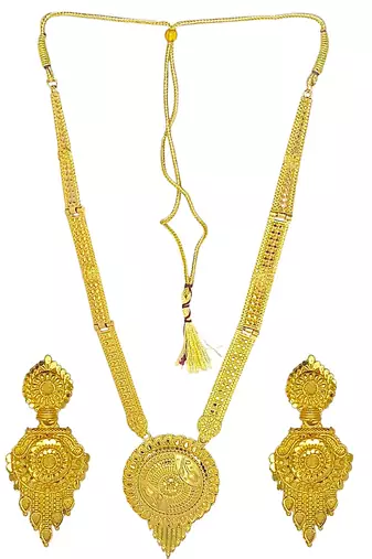 Gold plated round shape long haaram necklace set