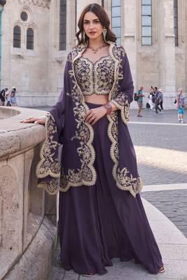 Purple premium silk heavy thread embroidery with sequins work palazzo set with jacket (free size sticthed up to-42 size) 2