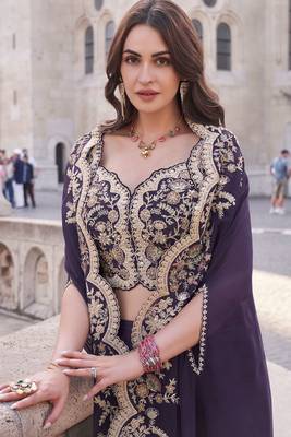 Purple premium silk heavy thread embroidery with sequins work palazzo set with jacket (free size sticthed up to-42 size) 3
