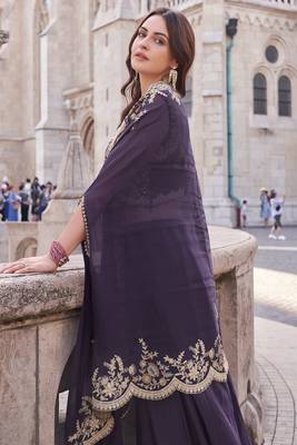 Purple premium silk heavy thread embroidery with sequins work palazzo set with jacket (free size sticthed up to-42 size) 4
