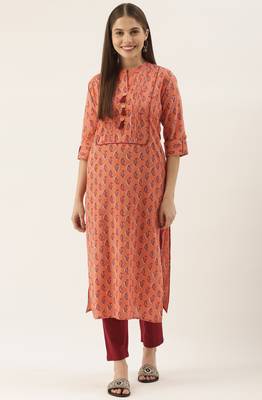 Orange women's pure cambric cotton jaipuri block printed kurti 1