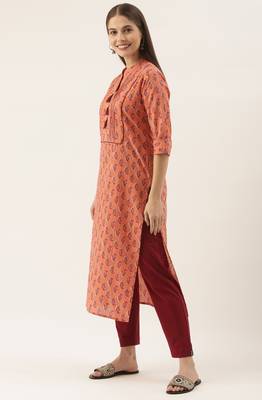 Orange women's pure cambric cotton jaipuri block printed kurti 3