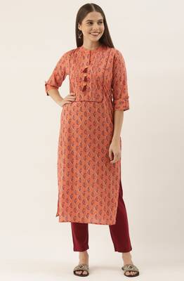 Orange women's pure cambric cotton jaipuri block printed kurti 4
