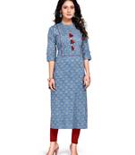 Blue women's pure cambric cotton jaipuri block printed kurti