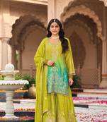 green chinon embroidery party wear suit set  