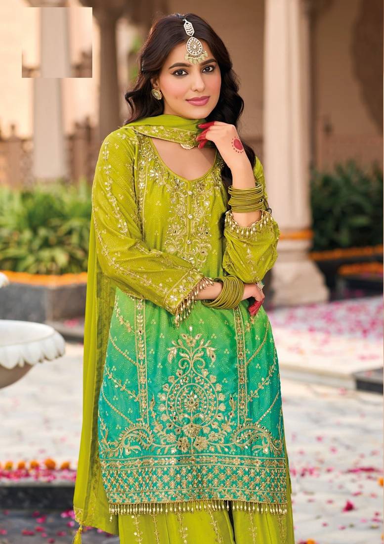 green chinon embroidery party wear suit set  