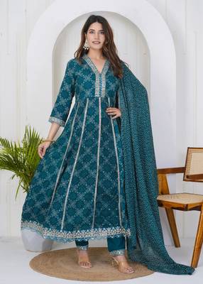 Seagreen women embroidered bandhani printed anarkali kurta pant with dupatta set 1