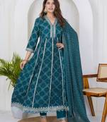 Seagreen women embroidered bandhani printed anarkali kurta pant with dupatta set
