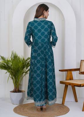 Seagreen women embroidered bandhani printed anarkali kurta pant with dupatta set 2