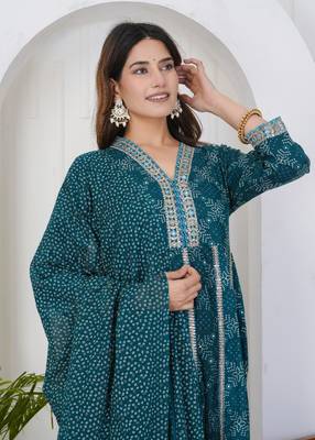 Seagreen women embroidered bandhani printed anarkali kurta pant with dupatta set 3