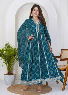 Seagreen women embroidered bandhani printed anarkali kurta pant with dupatta set 4