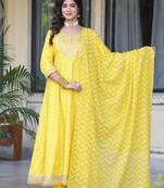 Yellow women embroidered printed anarkali kurta pant with dupatta set