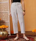 White Cotton Chikankari Embroidered Straight Pants