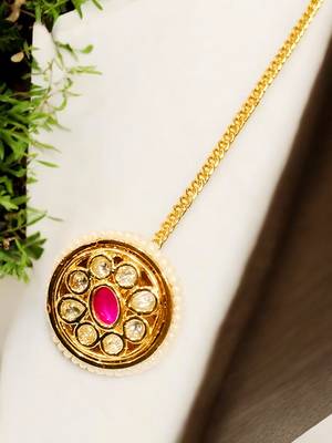 Gold plated kundan ruby beads borla maang tikka 1