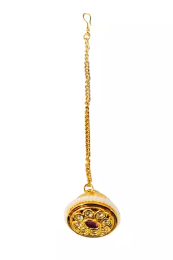 Gold plated kundan ruby beads borla maang tikka