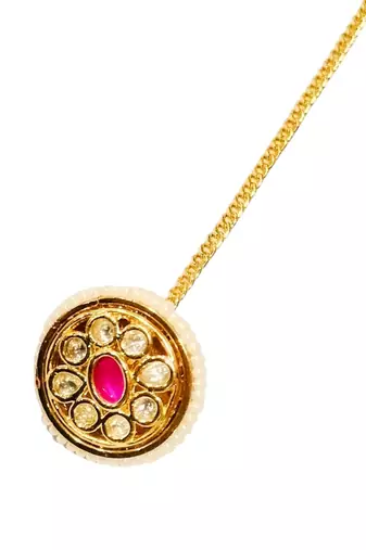 Gold plated kundan ruby beads borla maang tikka