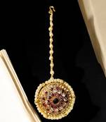 Gold plated  pink cz stone pearl borla maang tikka