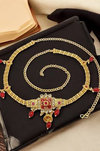 Gold-plated red meenakari waist chain kamarbandh