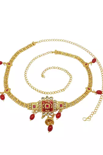 Gold-plated red meenakari waist chain kamarbandh