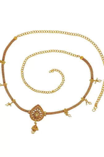 Gold-plated kundan beads teardrop waist chain kamarbandh