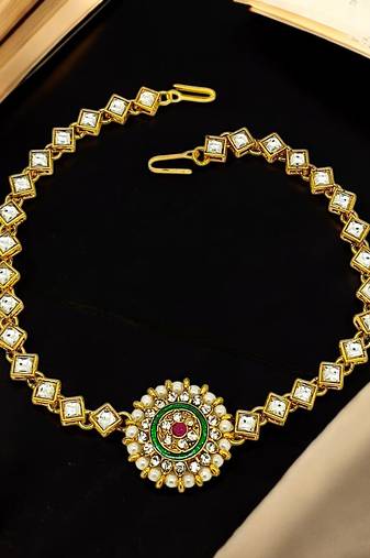Gold-plated round shape kundan-studded beaded matha patti