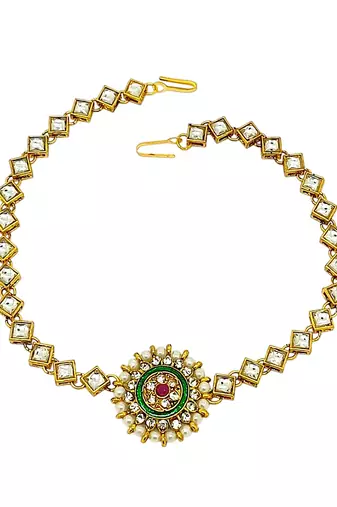 Gold-plated round shape kundan-studded beaded matha patti