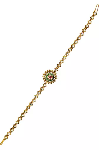 Gold-plated round shape kundan-studded beaded matha patti