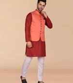 Solid cotton kurta pant set with nehru jacket
