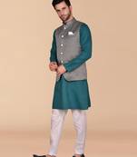 Solid cotton kurta pant set with nehru jacket