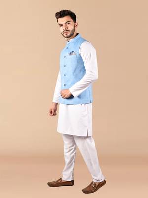 Solid cotton kurta pant set with nehru jacket 1