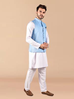 Solid cotton kurta pant set with nehru jacket 2
