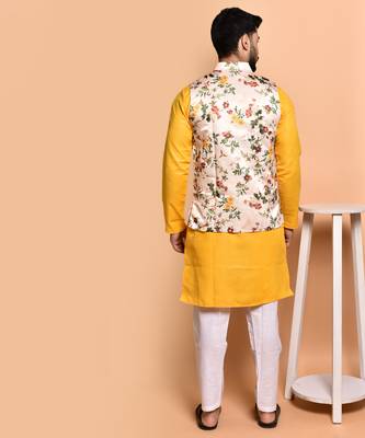 Solid cotton kurta pyjama set with nehru jacket 2
