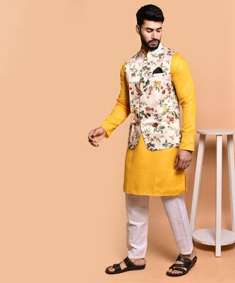Solid cotton kurta pyjama set with nehru jacket 3