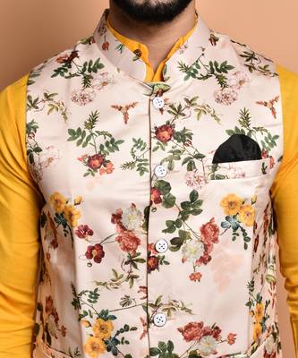 Solid cotton kurta pyjama set with nehru jacket 4