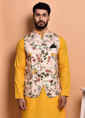 Solid cotton kurta pyjama set with nehru jacket 1