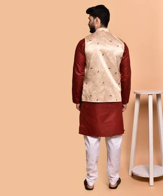 Solid cotton kurta pyjama set with nehru jacket 1
